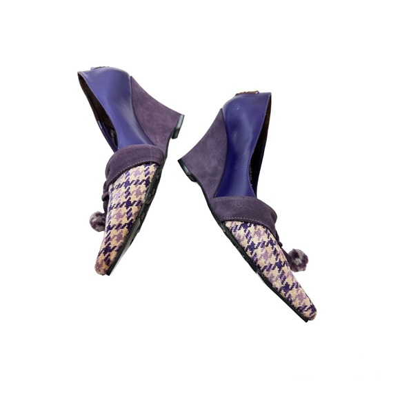 M by Morenatom Houndstooth Womens Sz 6B Purple Leather Upper Pointed Toe Wedges - Picture 2 of 12